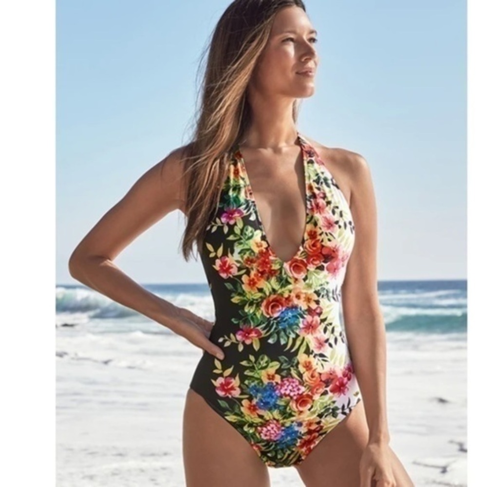 JOHNNY WAS Spring Halter Boho Floral One Piece Swimsuit